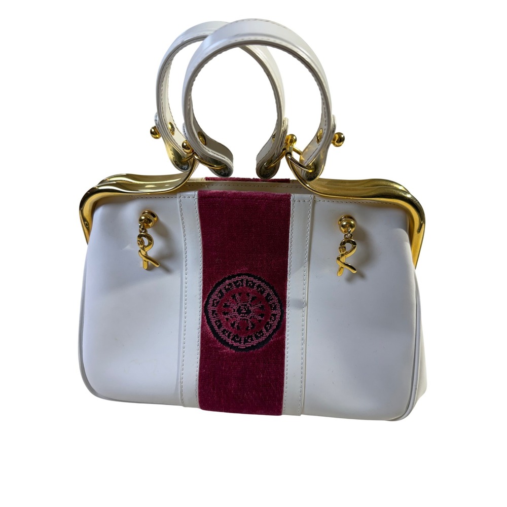 Roberta di Camerino Bagonghi Leather Handbag White Velvet Stripe Gold Frame